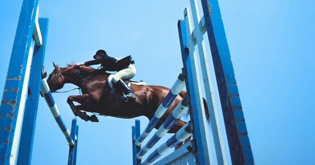 Horse and jockey jumping over obstacles in an horse show.