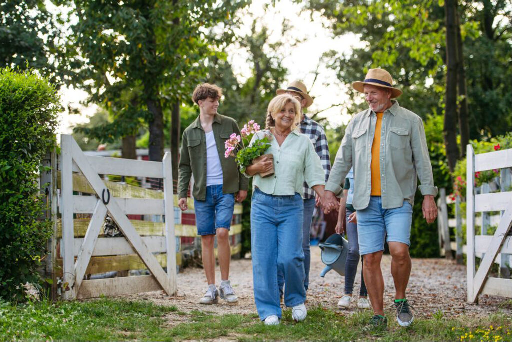 Parents, children, and grandchildren together on the family farm. 