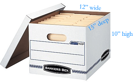 Banker Box size 12" wide, 15" deep, and 10" high